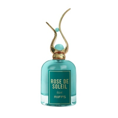 Frasco azul-turquesa de perfume com tampa dourada e etiqueta 'ROSE DE SOLEIL ÉCLAT RIIFFS'
