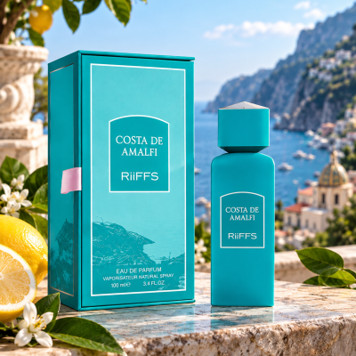 Perfume Costa de Amalfi RiiFFS com embalagem azul turquesa e vista mar