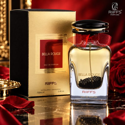 Perfume BELLA ROUGE RiiFFS com embalagem dourada e preta e laço vermelho