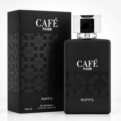 Perfume Café Noir em frasco e caixa pretos com padrão geométrico e texto branco