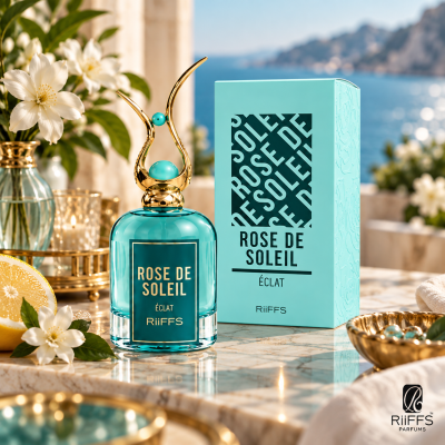 Frasco de perfume azul-turquesa com tampa dourada e embalagem azul-turquesa ao lado, sobre mesa com flores e decoração dourada