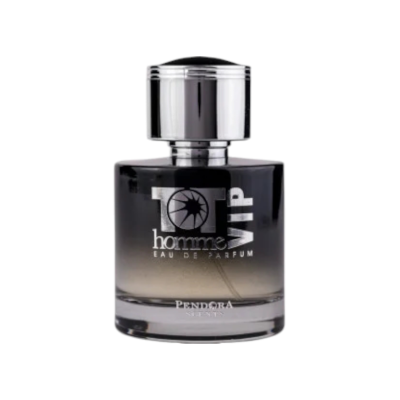 Frasco de perfume Homme VIP Pendora com vidro cinza escuro e tampa prateada