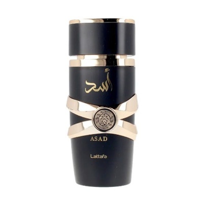 Frasco preto e dourado de perfume Lattafa ASAD