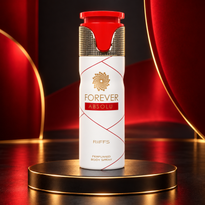 Frasco de spray corporal branco e dourado com tampa vermelha em plataforma dourada iluminada de vermelho