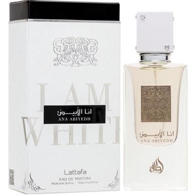 Perfume Lattafa ANA ABIYEDH com frasco transparente e embalagem branca e preta
