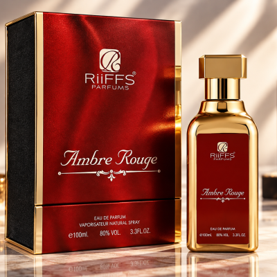 Perfume Ambre Rouge da RiiFFS Parfums com embalagem vermelha e dourada