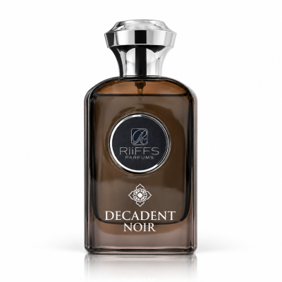 Frasco de perfume castanho translúcido com tampa prateada e texto RiiFFS PARFUMS Decadent Noir