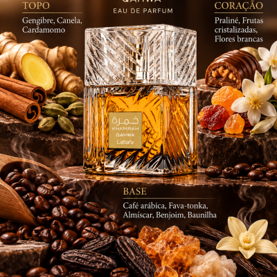 Frasco de perfume Khamrah Qahwa com especiarias e doces ao redor