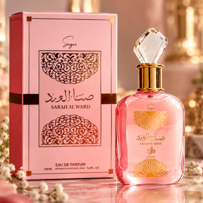 Perfume rosa com caixa rosa e detalhes dourados em ambiente com flores
