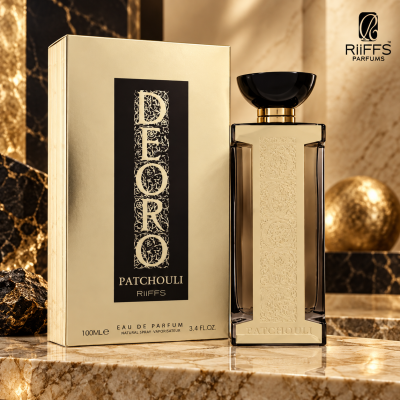 Frasco dourado e caixa de perfume DEFORO PATCHOULI de RiiFFS em marmore dourado