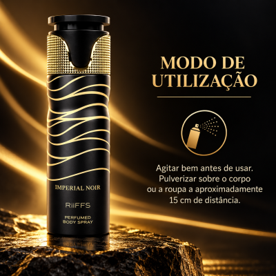 Frasco de spray corporal preto e dourado com texto e instruções de uso em português