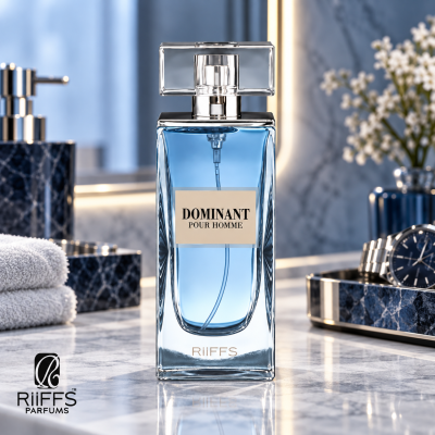Frasco de perfume azul DOMINANT POUR HOMME numa bancada de mármore com acessórios de casa de banho