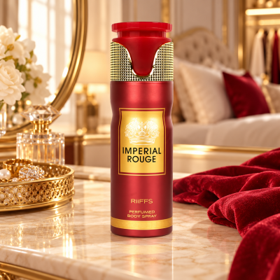 Frasco vermelho e dourado de spray perfumado Imperial Rouge numa mesa de mármore com joias e espelho