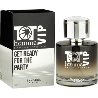 Perfume HOMME VIP da Pandora Scents com caixa preta, cinza e prateada