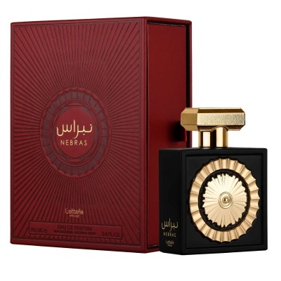 Perfume NEBRAS da Lattafa com frasco preto e dourado e caixa vermelha