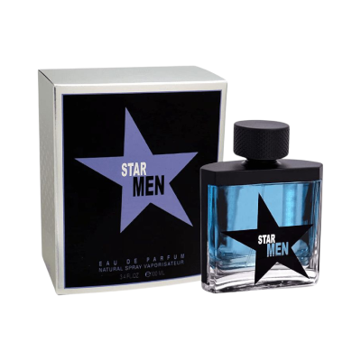 Perfume Star Men com frasco azul e caixa preta e cinza