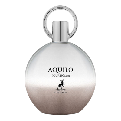 Frasco de perfume Aquilo Pour Homme branco e castanho com tampa prateada e logotipo de cervo
