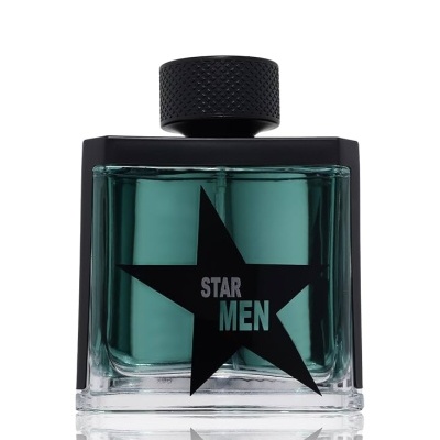Frasco de perfume STAR MEN para homem com líquido azul-esverdeado e tampa preta.