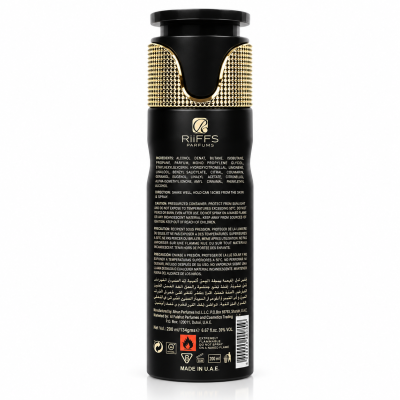 Frasco preto de perfume RiiFFS PARFUMS com detalhes dourados e texto informativo na parte de trás.