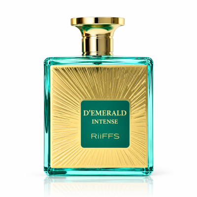 Frasco de perfume verde esmeralda com detalhes dourados e texto DEMERALD INTENSE RiiffS