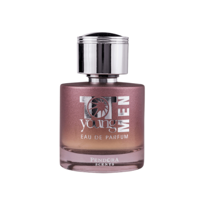 Frasco de perfume masculino rosa com tampa prateada e texto na frente