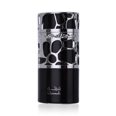 Frasco de perfume preto com textura metálica prateada e texto 'Qimmah'.