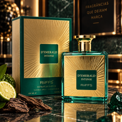 Perfume DEMERALD INTENSE da marca RiiFFS em frasco verde com detalhes dourados e caixa, sobre superfície de mármore verde com frutas e pedras decorativas