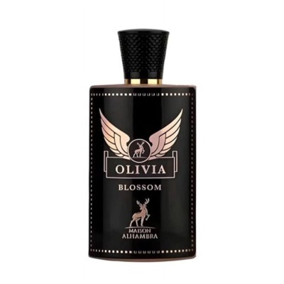 Frasco de perfume preto com texto Olivia Blossom e logotipo de cervo com asas