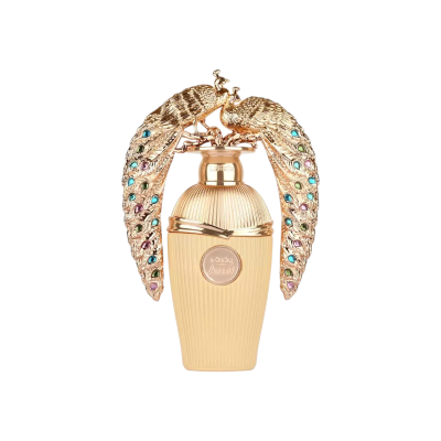 Frasco de perfume dourado com pavões decorativos e etiqueta Arabian Oud