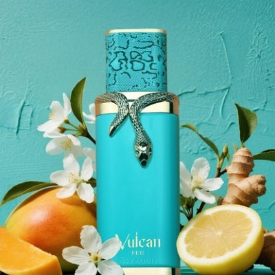 Frasco de perfume Vulcan Feu azul-turquesa com tampa texturada azul e cobra prateada