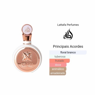 Frasco de perfume branco e cobre com texto de acordes