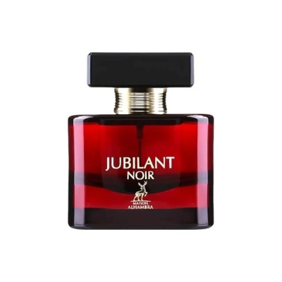Frasco de perfume vermelho e preto com texto Jubilant Noir