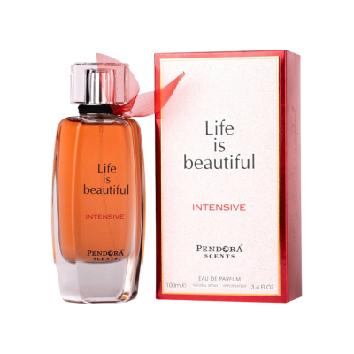 Frasco de perfume Life is beautiful Intensive com caixa ao lado