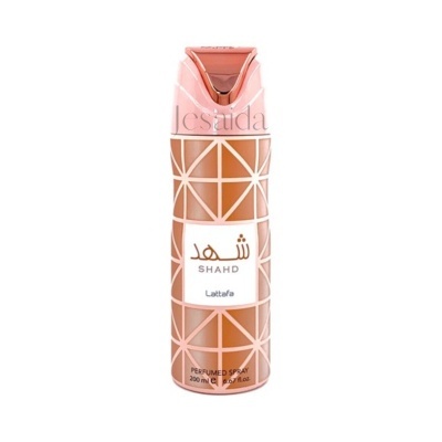 Frasco de perfume spray Lattafa SHAHED 200 ml com padrão geométrico cor rosa e bronze.