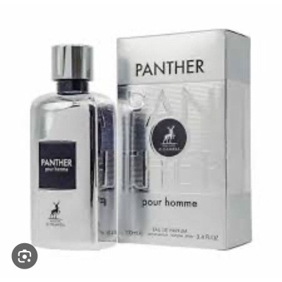 Frasco e caixa do perfume Panther pour homme prateados com texto preto