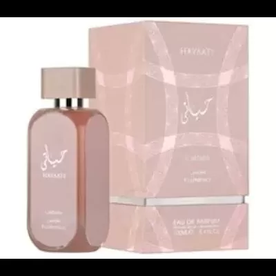 Frasco e caixa rosa de perfume Hayati