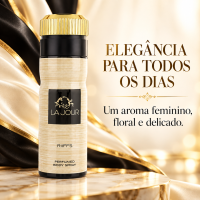 Frasco de body spray LA JOUR bege e preto com tampa dourada em superfície marmoreada