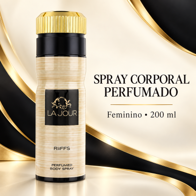 Spray corporal perfumado feminino LA JOUR 200 ml com embalagem creme, preta e dourada