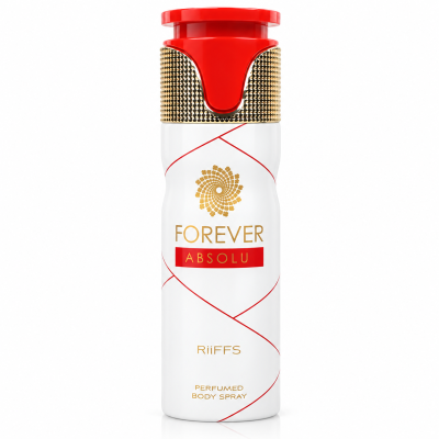 Spray corporal perfumado branco com detalhes vermelhos, dourados e tampa vermelha.