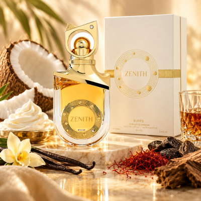 Frasco dourado de perfume Zenith com caixa branca e elementos naturais como baunilha, coco e especiarias