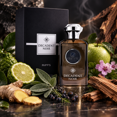 Frasco de perfume castanho com tampa prateada e caixa preta com texto Decadent Noir rodeado de ingredientes naturais