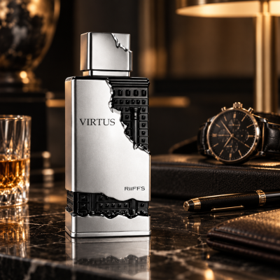 Frasco de perfume prateado e preto com relógio, caneta e copo de bebida numa mesa de mármore