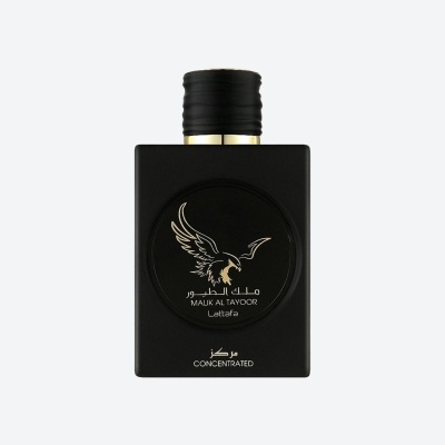 Frasco preto mate de perfume com tampa preta e detalhes dourados