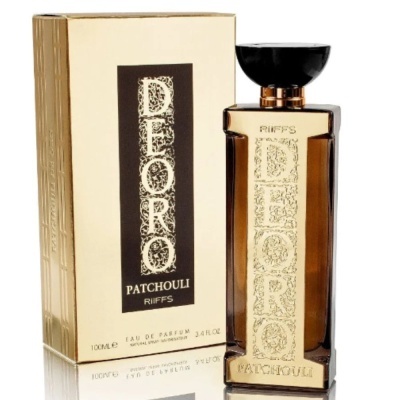 Perfume DEORO PATCHOULI com frasco castanho e caixa dourada