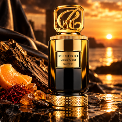 Frasco de perfume MOMENTO Liquid Gold RiiFFS dourado e preto junto ao mar ao pôr do sol