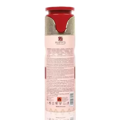 Frasco de perfume RIIFFS PARFUMS vermelho, dourado e rosa com texto na etiqueta.