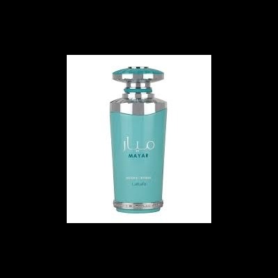 Frasco de perfume azul-turquesa com detalhes metálicos prateados