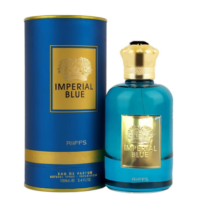Frasco e embalagem do perfume Imperial Blue em azul e dourado