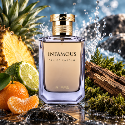 Frasco de perfume INFAMOUS com frutas tropicais e musgo em ambiente aquático