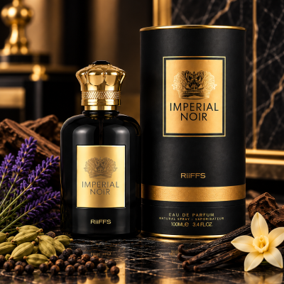 Frasco e embalagem preta e dourada de perfume Imperial Noir
